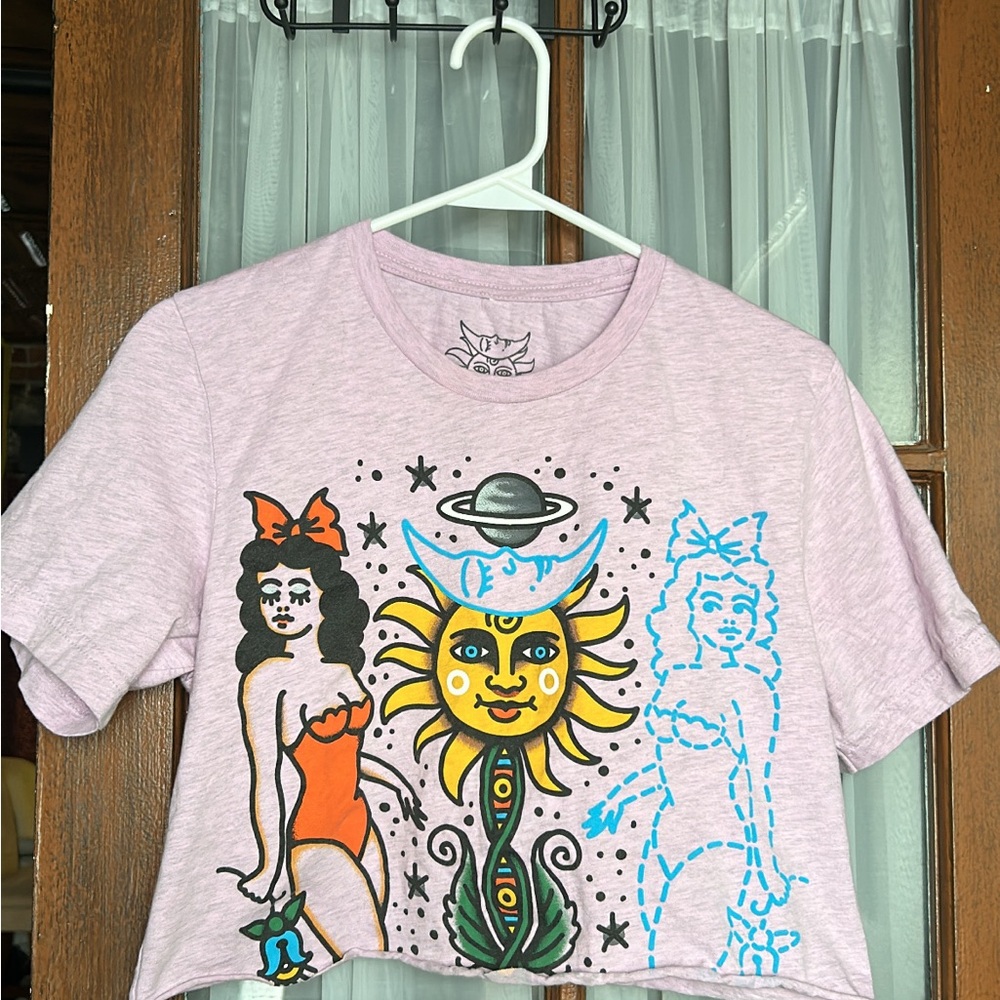 Pink Graphic Cropped Top with Sun & Retro Figures